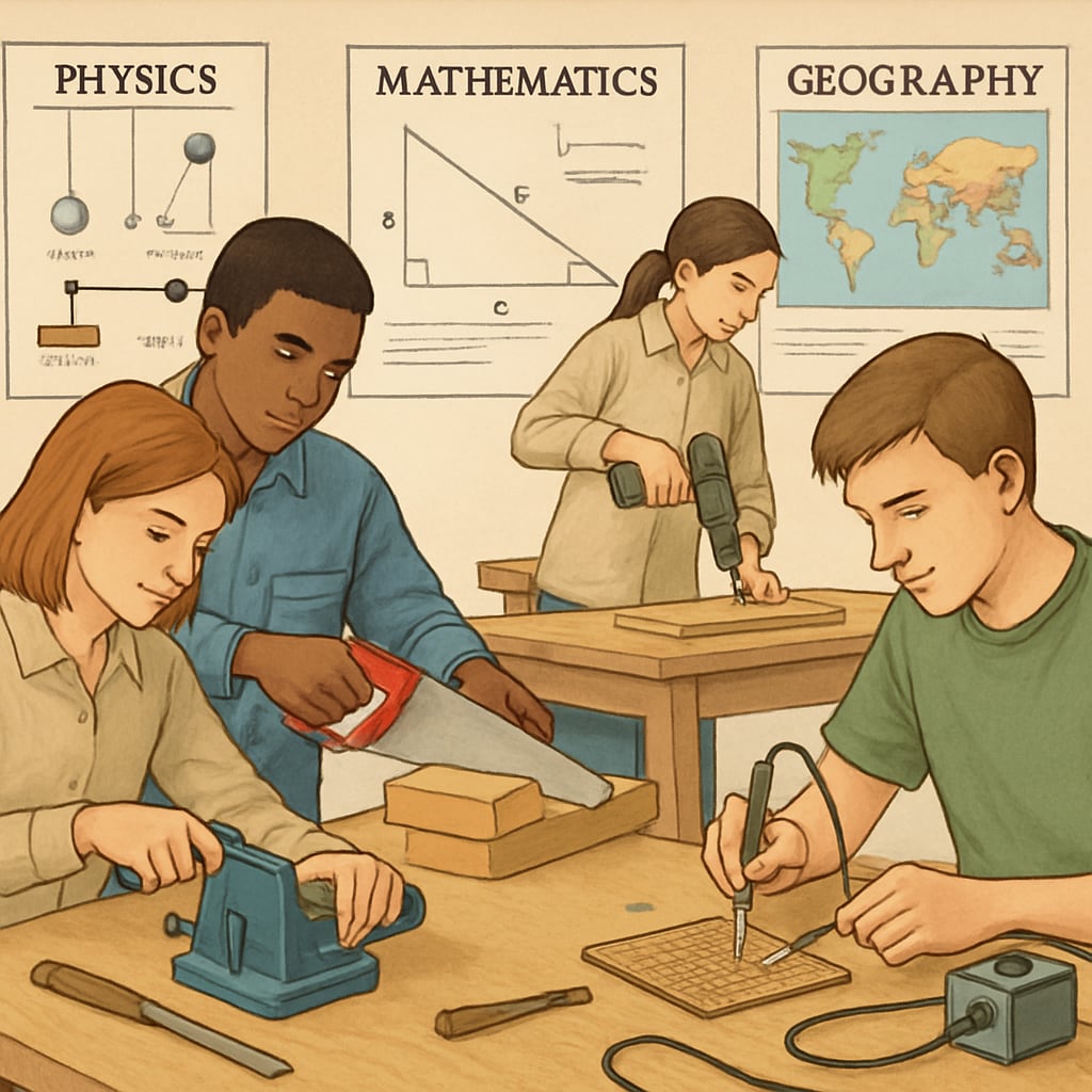 Students in a vocational workshop learning practical skills, with traditional academic posters in the background to emphasize integration. Vocational workshop with students learning practical skills alongside traditional academic elements.