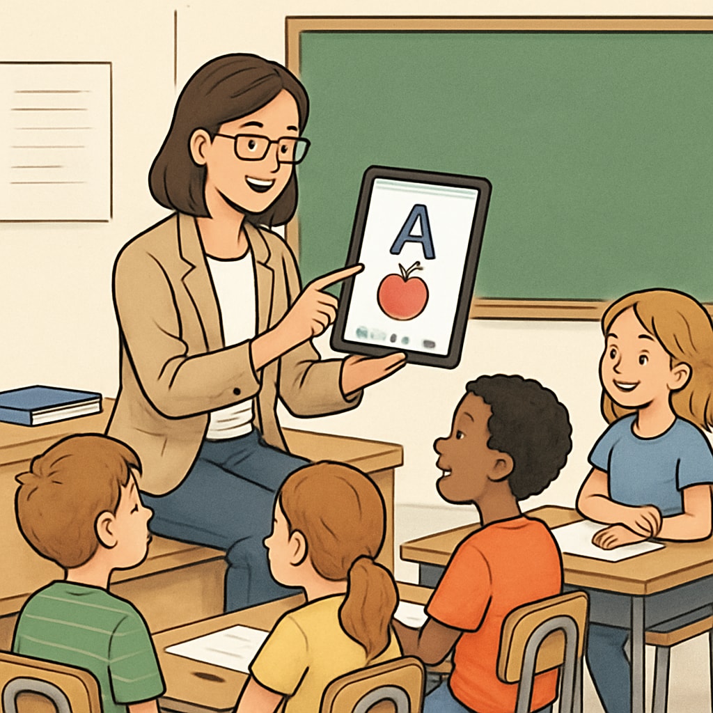 A teacher using a tablet in a classroom setting, demonstrating an educational app to young students. Teacher showing an Android reading app to elementary students.