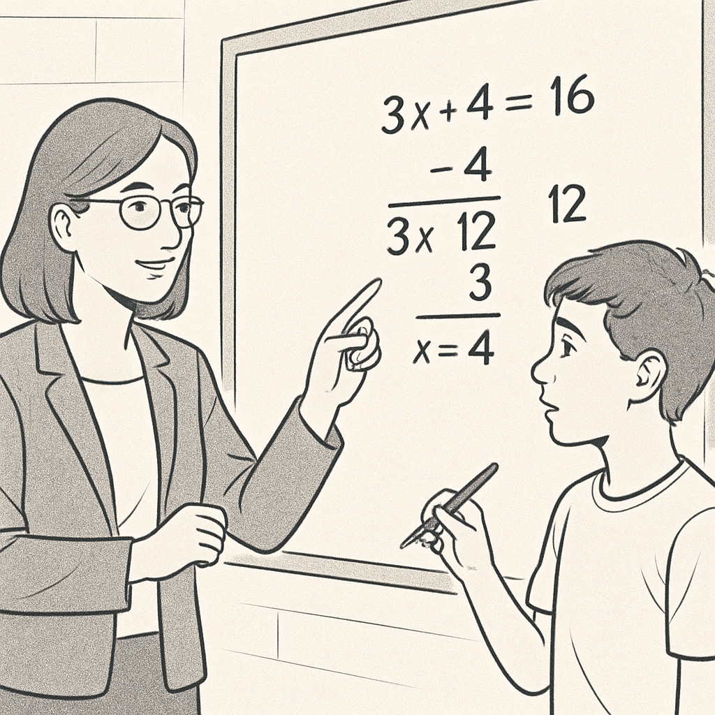 A teacher guiding a student through a math problem on a whiteboard. The image represents support and strategies for overcoming anxiety. Teacher helping a student with math during a tutoring session