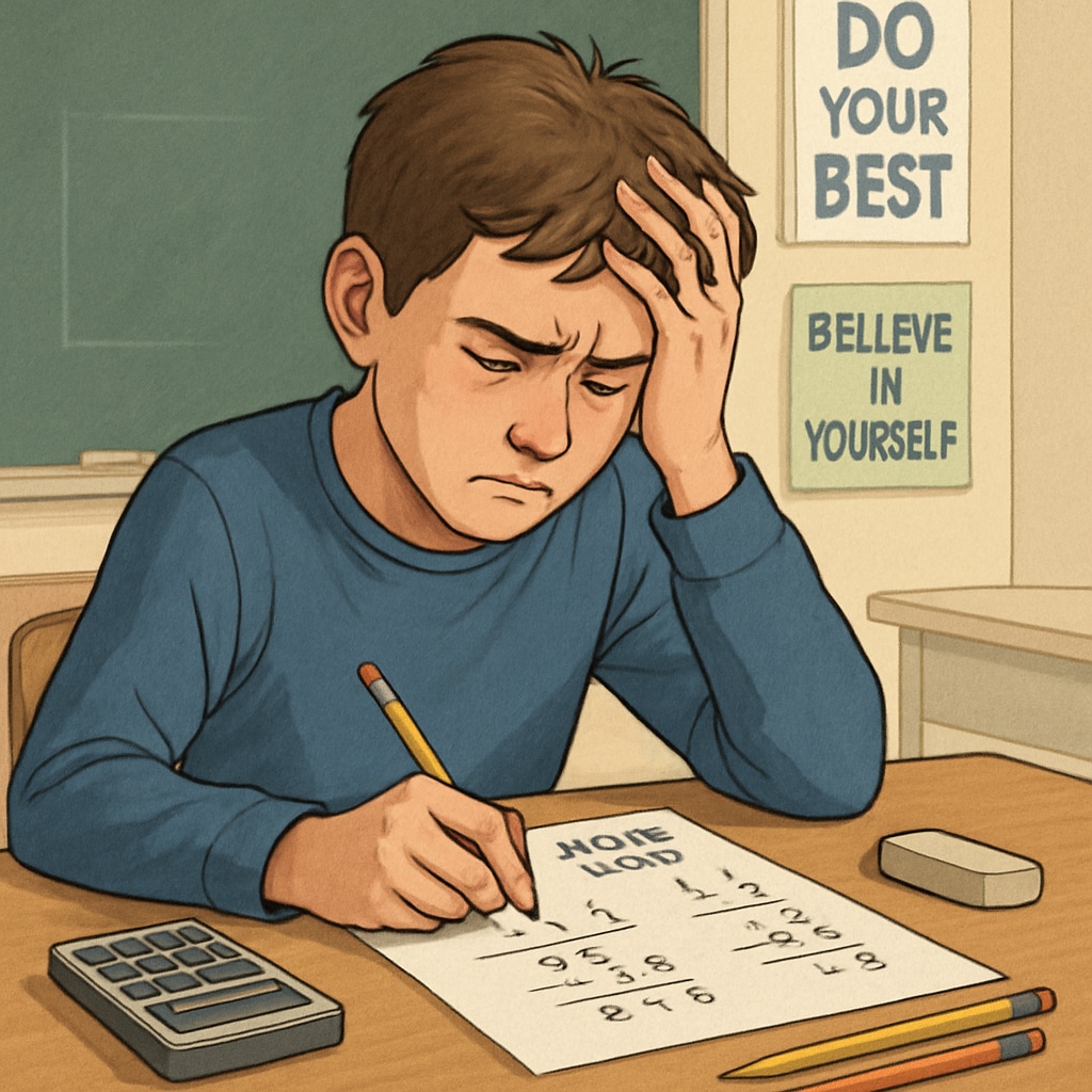 A stressed student sitting at a desk, focusing on a math test paper. This image highlights the emotional impact of math anxiety during exams. Stressed student tackling math test, illustrating math anxiety and exam pressure.