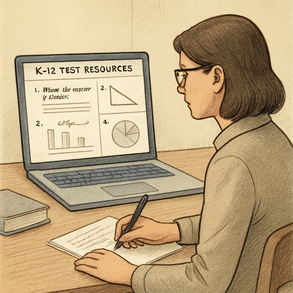 A teacher using an online platform to access K12 test resources for classroom assessments. The image shows a laptop screen with educational materials and a teacher taking notes. Teacher accessing online K12 test resources
