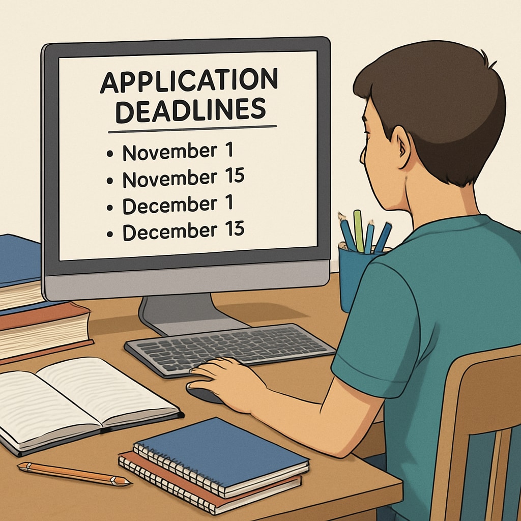 A student reviewing application deadlines on a computer while surrounded by educational materials. Student reviewing U.S. master's application deadlines and resources.