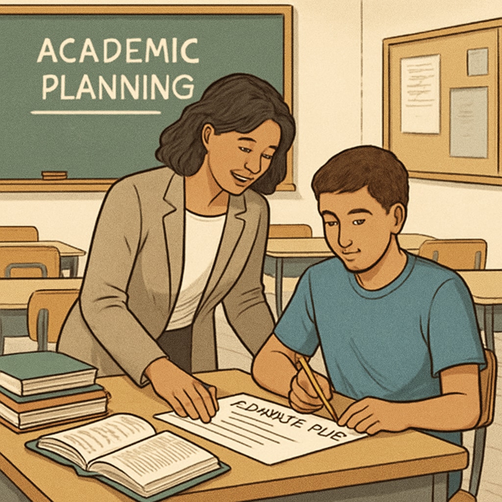 A supportive teacher assisting a student with academic planning in a classroom setting. Teacher helping a student plan credit recovery options in a classroom.
