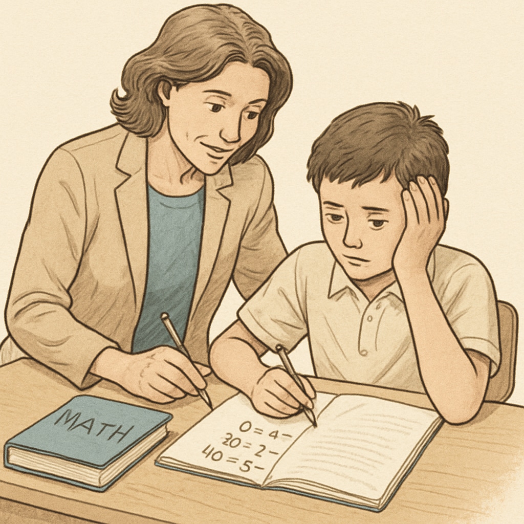 A teacher assisting a student with math problems, fostering a supportive learning environment. This image emphasizes the importance of guidance in overcoming math anxiety. Teacher helping a student understand math, promoting a supportive approach to learning.