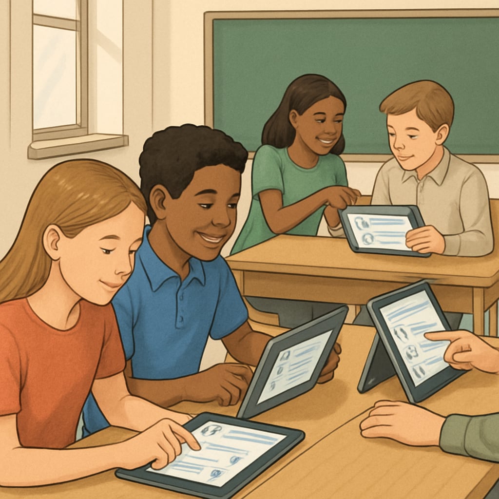 Students working collaboratively on tablets to complete digital assessments in a classroom setting. The image shows engaged students and technology integration in learning. Students completing digital K12 assessments