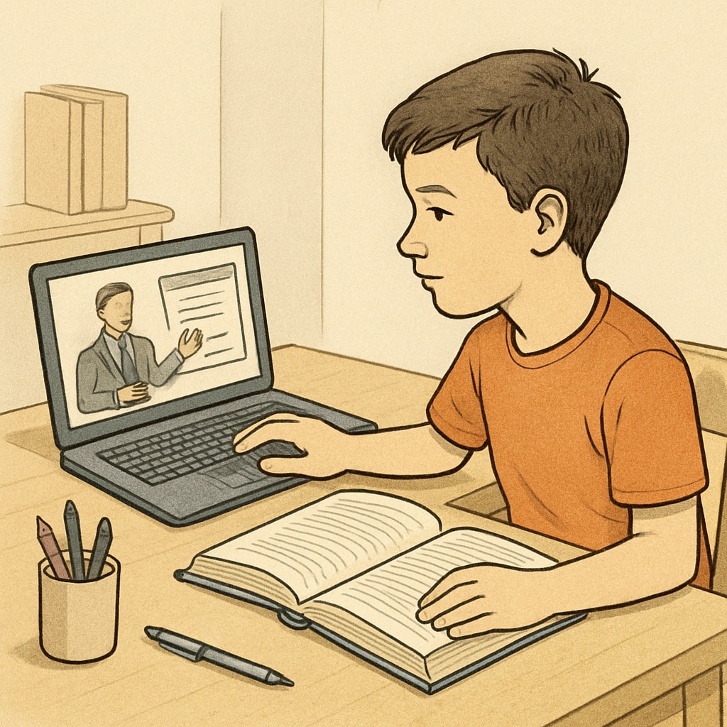 A student studying online with a laptop and textbook at home, representing online credit recovery. Student engaged in online learning for high school credit recovery at home.