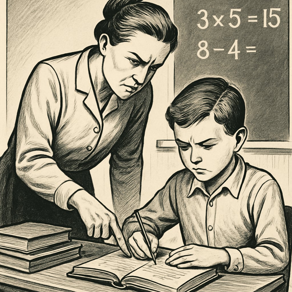 A teacher intensely coaching a student in a classroom setting, symbolizing strict education methods. Strict education methods in a classroom.