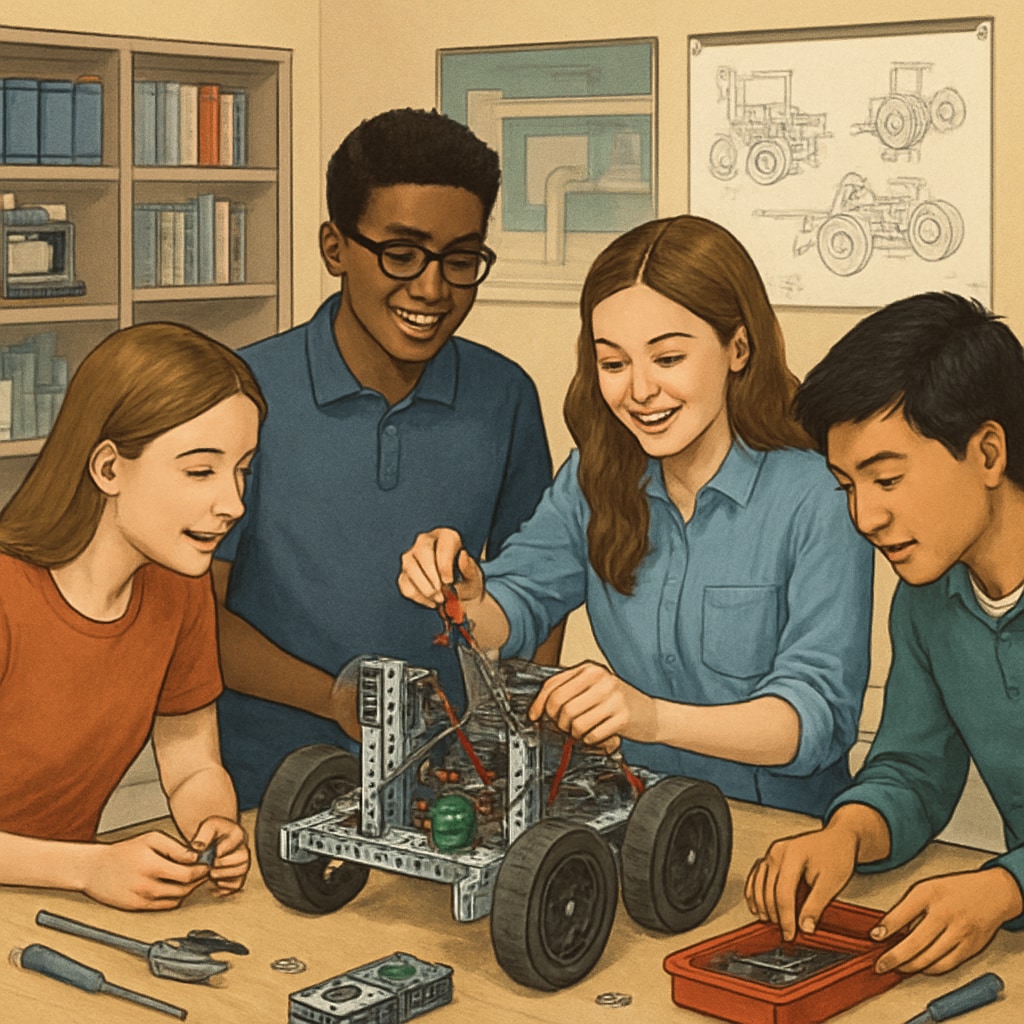 High school students working on robotics in a CTE classroom.