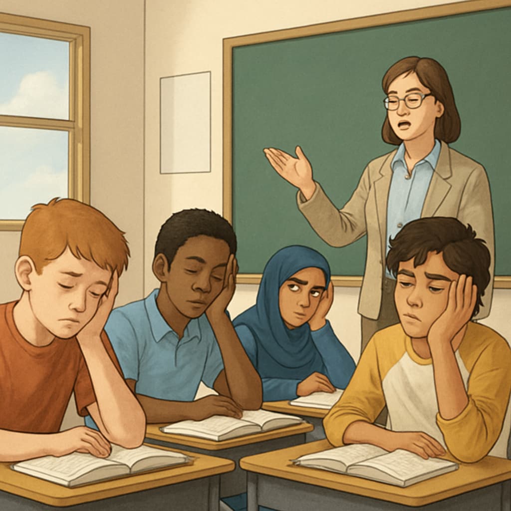 Students showing signs of boredom in a diverse classroom environment.