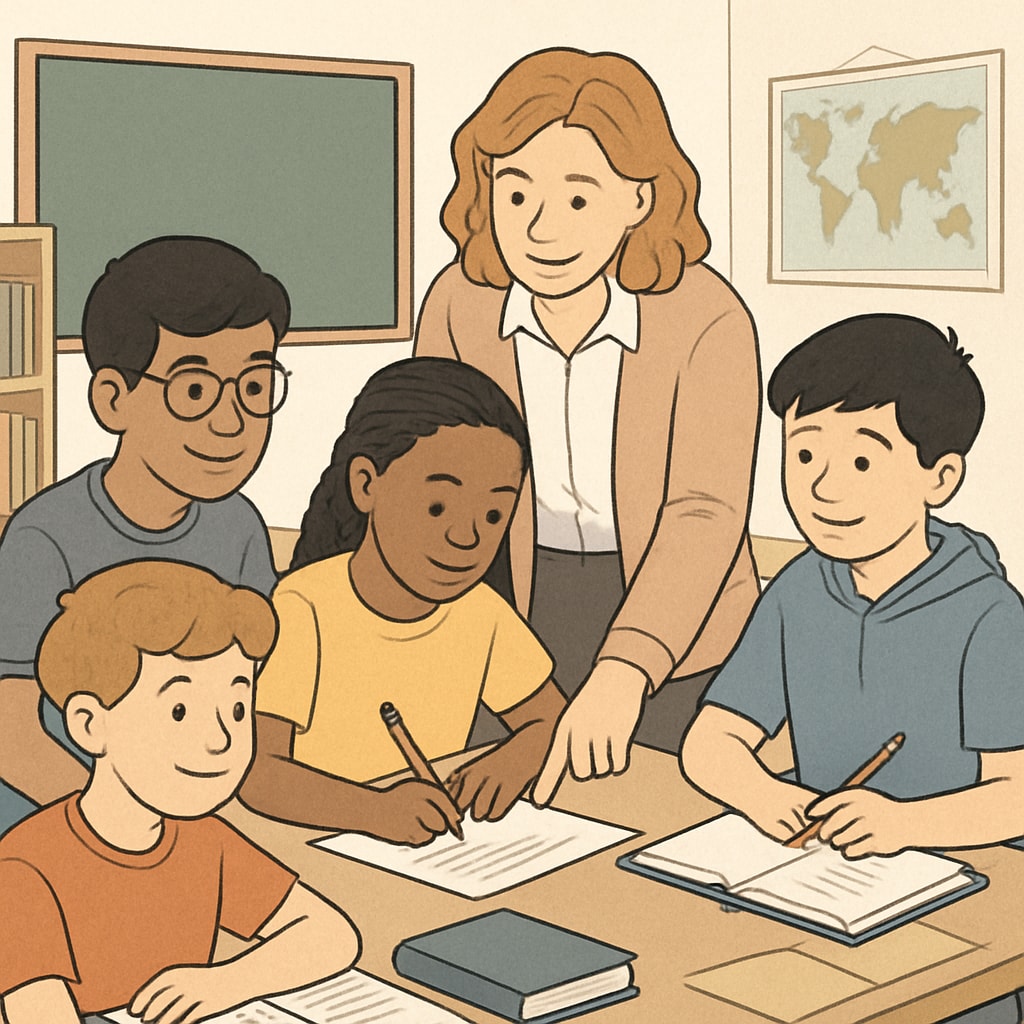 A diverse group of students collaborating with a teacher in a supportive learning environment, showcasing compassionate education. Compassionate education environment.