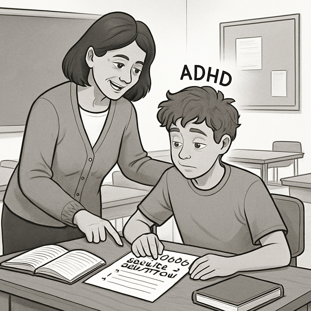 A supportive teacher guiding an ADHD student through a high school credit recovery plan in a classroom setting. Teacher assisting ADHD student with credit recovery strategies for high school graduation.