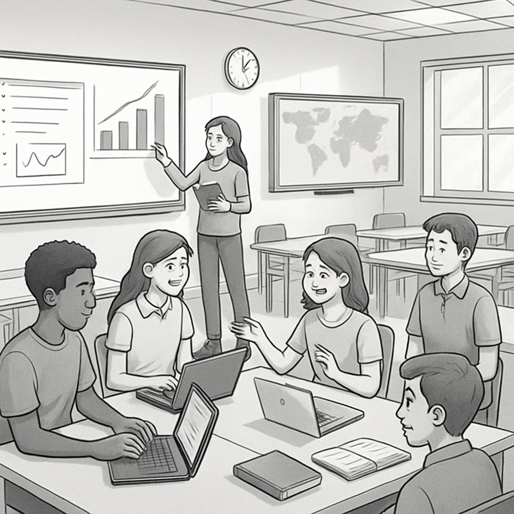 Students engaged in a modern classroom with interactive learning tools.