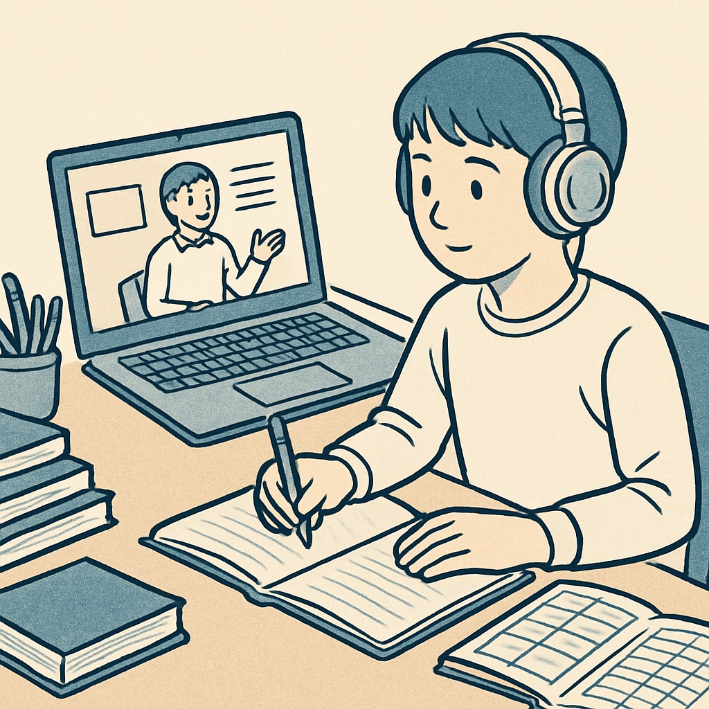 A student studying online with headphones, surrounded by organized study materials and a planner. ADHD student using online learning platforms for credit recovery.