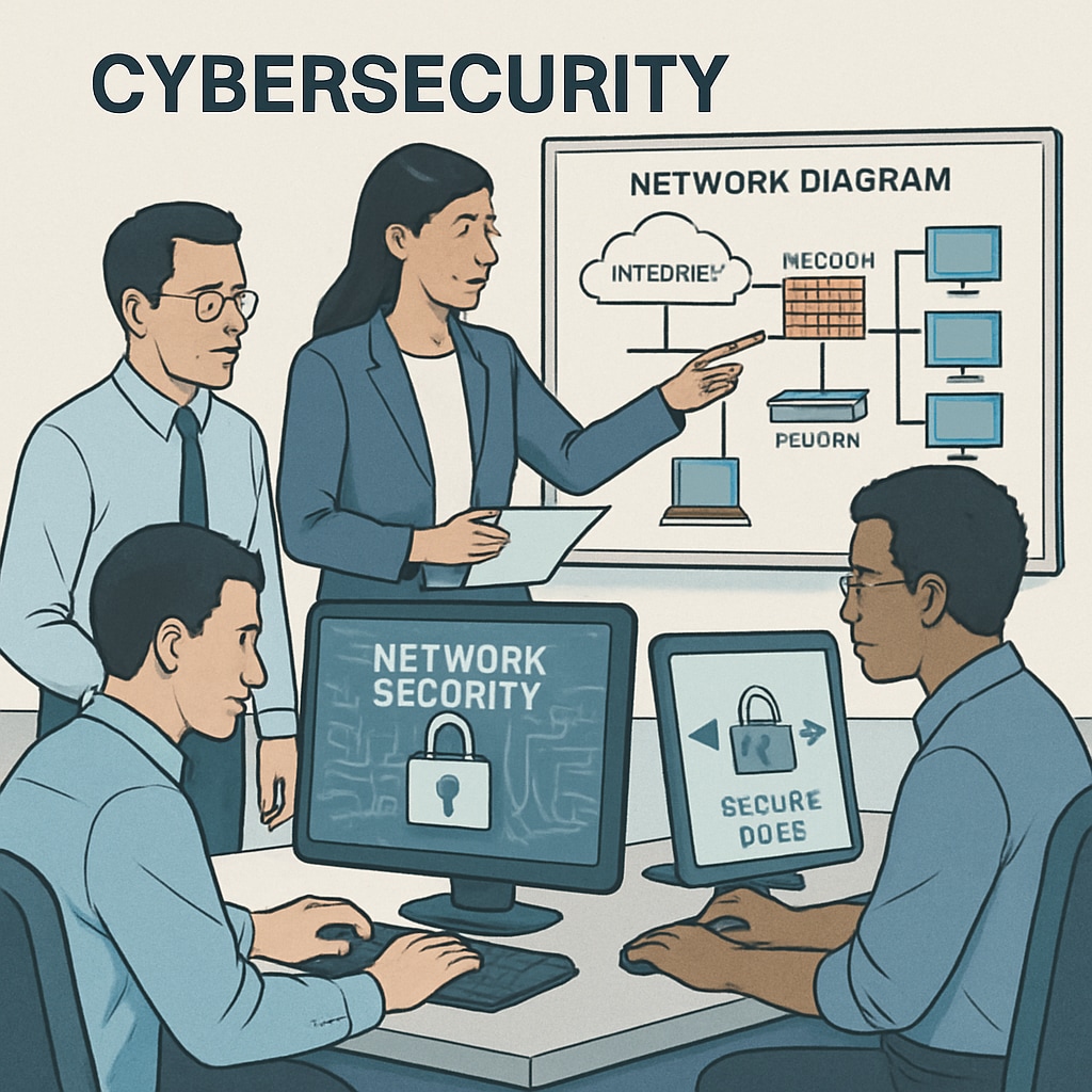 A professional setting where cybersecurity experts are working on network security solutions. Cybersecurity professionals working on network security solutions to illustrate practical skills.