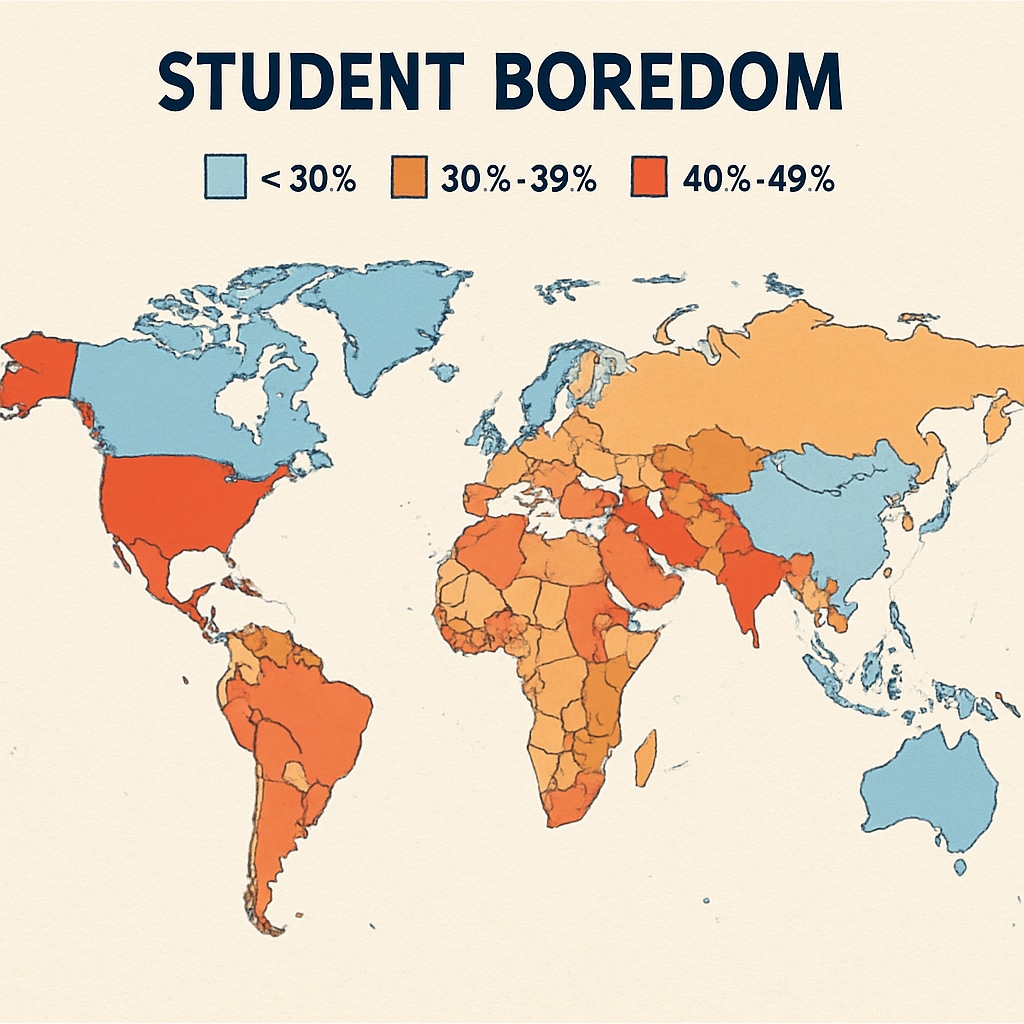 A global map showing statistics on student boredom levels in different countries. The map highlights varying rates of boredom across regions and illustrates research findings. Global statistics on student boredom in education