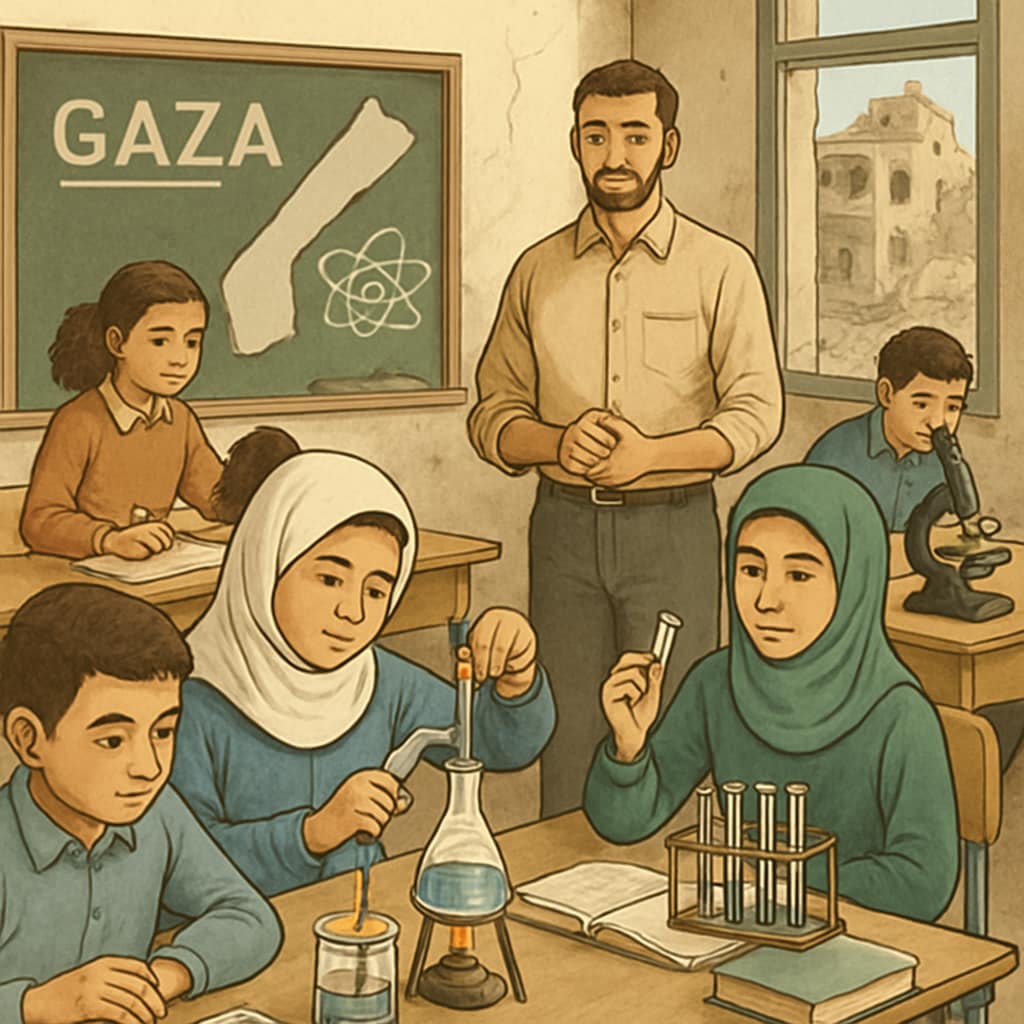 A classroom in Gaza with students engaging in science experiments, symbolizing resilience and hope. Students in Gaza conducting hands-on science experiments in a classroom environment.