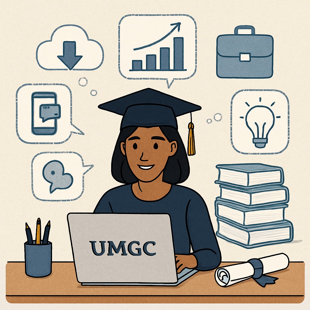 A UMGC graduate working on a laptop, representing remote work and professional growth. UMGC graduate working remotely, highlighting skills development and career adaptability.