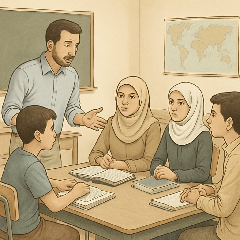 Students in Gaza participating in a group discussion facilitated by a teacher, fostering social studies learning in a trauma-informed way. Gaza students in a classroom discussing social studies topics guided by a teacher.
