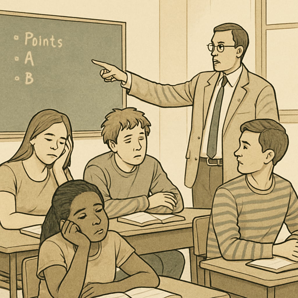 A classroom setting showing disengaged students during a lecture. The image depicts students with bored expressions, emphasizing the article's theme. Disengaged students in a classroom lecture setting