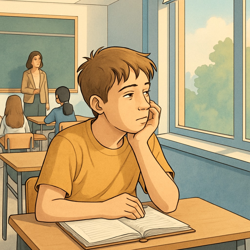 An image of a disengaged student sitting in a classroom, staring out the window, symbolizing classroom fatigue. Disengaged student in a classroom experiencing fatigue and boredom.