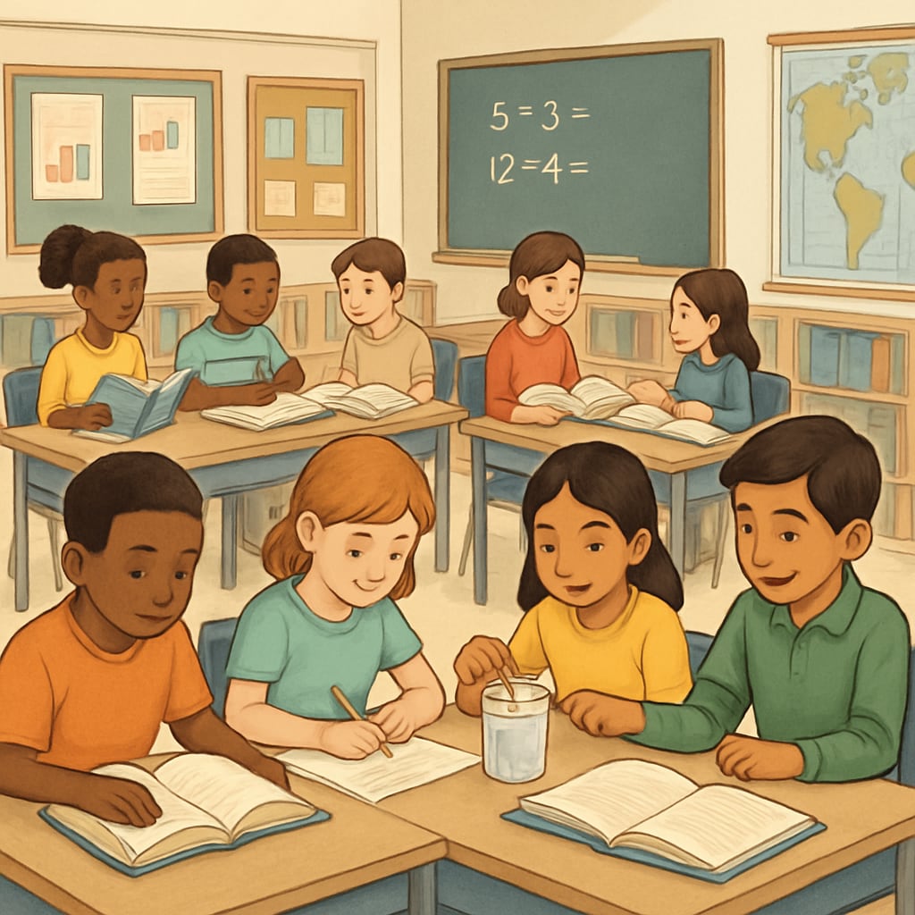 A classroom of diverse students engaged in different learning activities, illustrating the need for multi-dimensional assessments. Students in a classroom demonstrating diverse learning activities as part of multi-dimensional assessments.