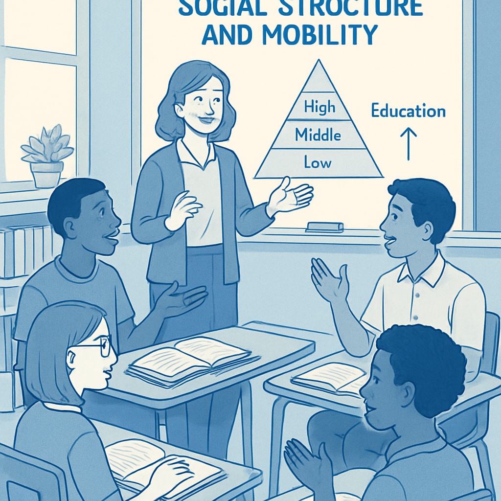 A classroom with students engaged in a discussion about social structure and mobility, highlighting the importance of education in shaping societal understanding. Classroom discussion on social structure and social mobility