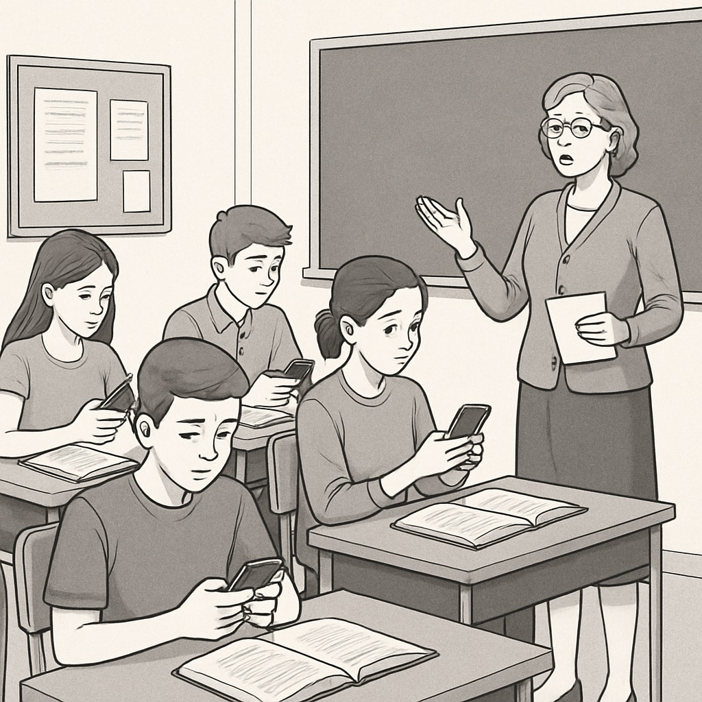 A classroom setting showing students distracted by mobile phones while the teacher lectures upfront, highlighting modern distractions. Students distracted by technology in a classroom.