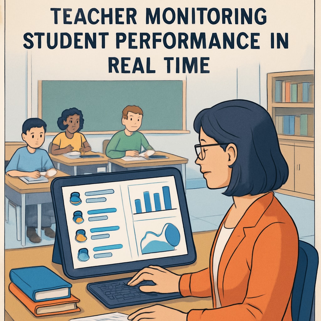 A teacher using a digital platform to track student performance in real-time, highlighting the benefits of dynamic evaluations. Teacher utilizing a digital tool to monitor real-time student progress.