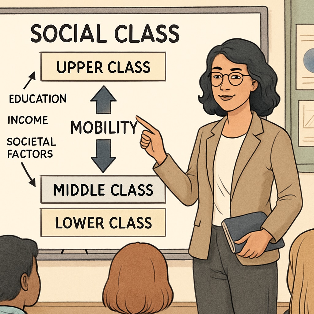 A teacher presenting a diagram of social class structures, showing how mobility is influenced by education, income, and societal factors. Diagram explaining social class structures and mobility