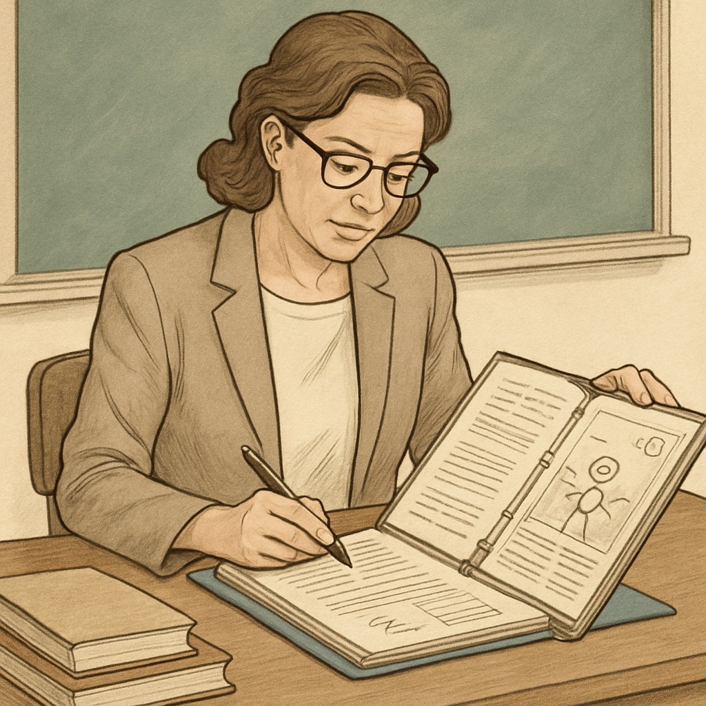 A teacher reviewing a student’s portfolio, demonstrating real-time and holistic assessment methods. Teacher assessing a student portfolio, representing real-time and diversified learning evaluation.