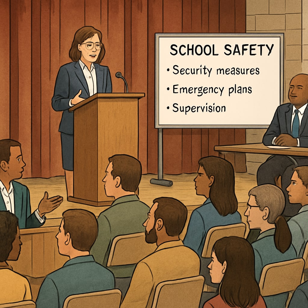 A community meeting where parents and educators discuss school safety concerns related to governance. School safety discussion involving child abuse histories in board members.