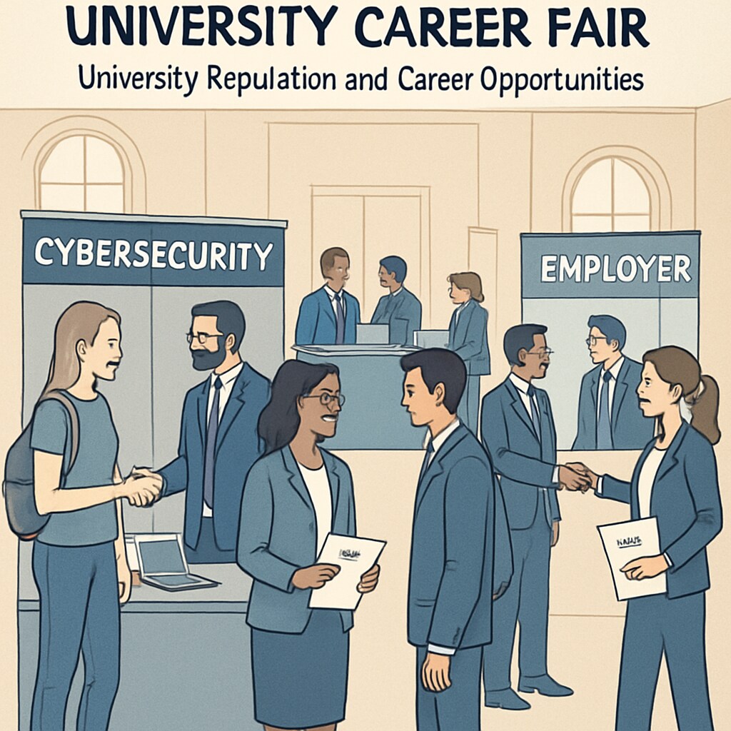 A university career fair, with students networking with cybersecurity professionals and employers, highlighting the connection between university reputation and career opportunities. Students at a university career fair discussing opportunities in cybersecurity.