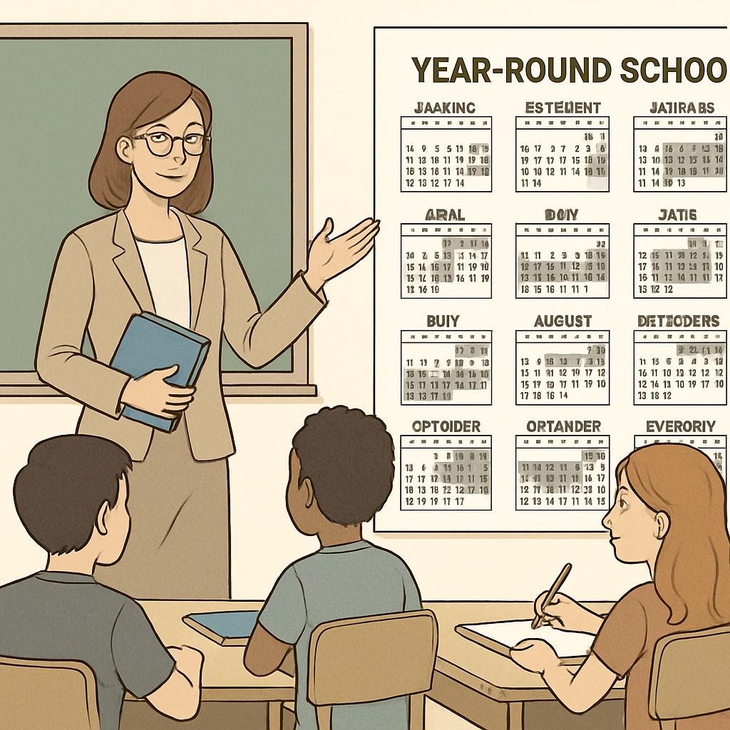 A teacher guiding students in a classroom setting with a visible calendar showing year-round schooling schedules. Year-round schooling schedule in a classroom setting.