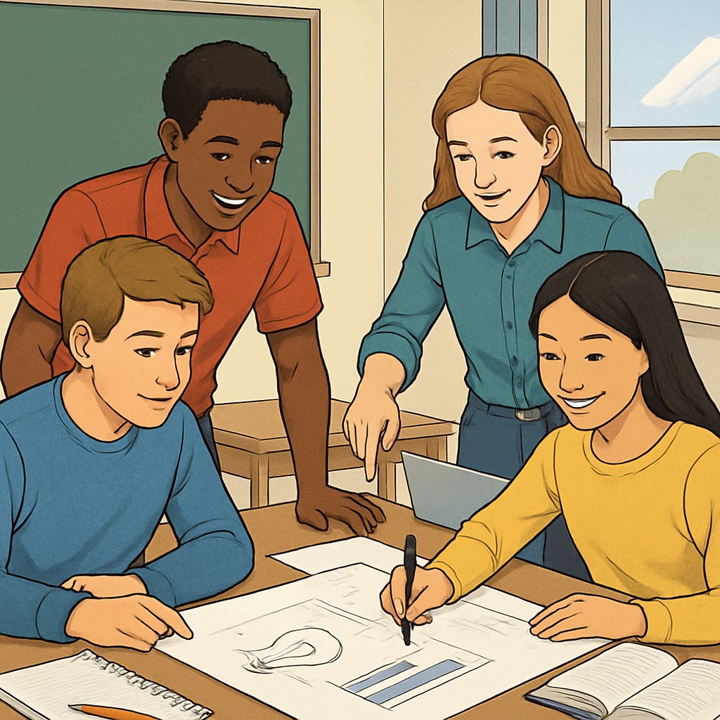 A group of students engaging in project-based learning, demonstrating teamwork and skill application in a classroom setting. Students participating in project-based learning activities as part of a holistic assessment framework.