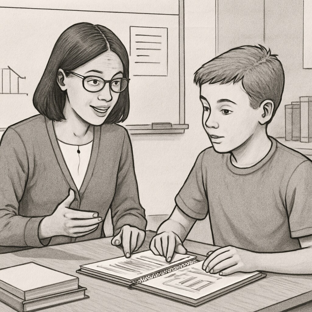 A teacher reviewing a student's project progress using formative assessment techniques, emphasizing collaboration and constructive feedback. A teacher providing feedback on a student project during formative assessment.