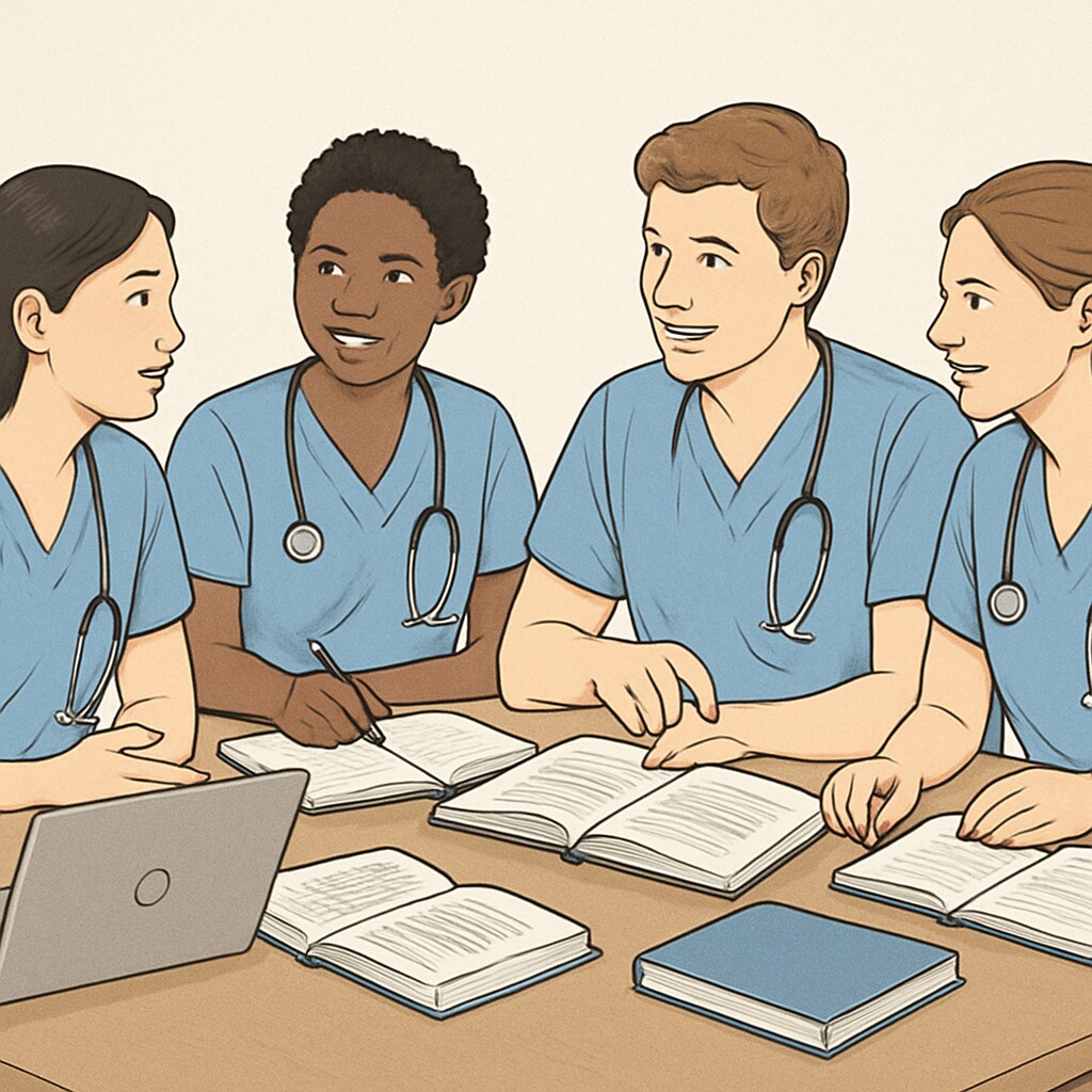 A group of nursing students collaborating in a study group with laptops and textbooks, representing teamwork and resource sharing. Nursing students discussing coursework in a study group.