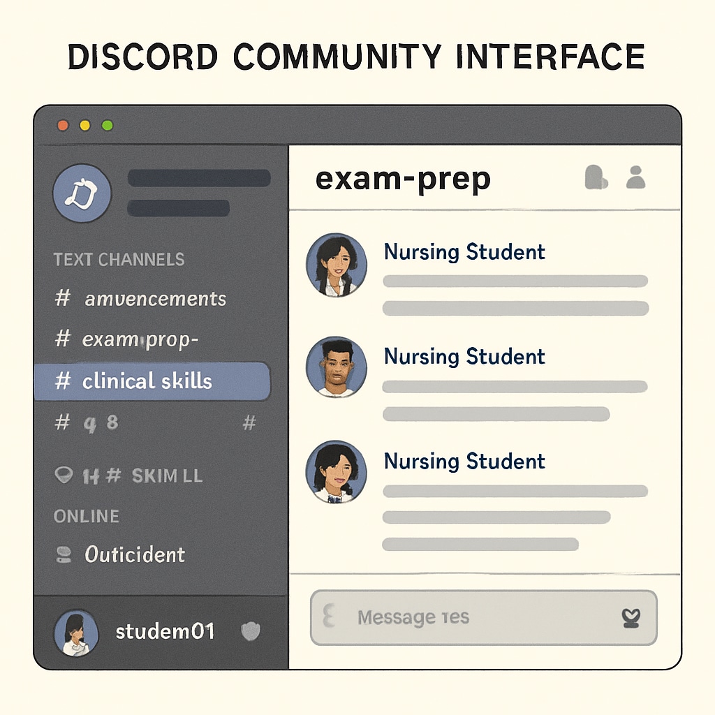A screenshot of a Discord community for nursing students, featuring organized channels labeled “Exam Prep,” “Clinical Skills,” and “Q&A,” showcasing effective virtual collaboration. Discord community interface tailored for nursing students.
