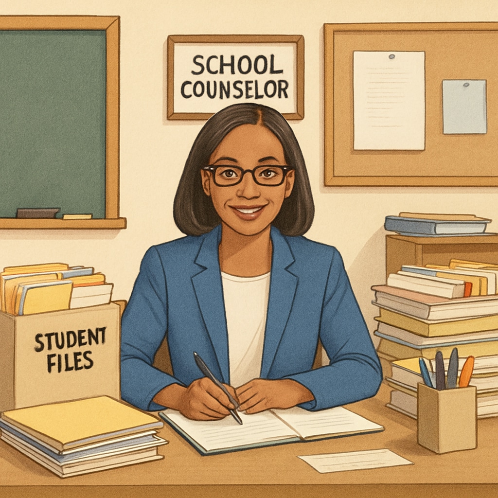 A busy school counselor sitting at a desk surrounded by student files and paperwork. School counselor managing paperwork and student files.
