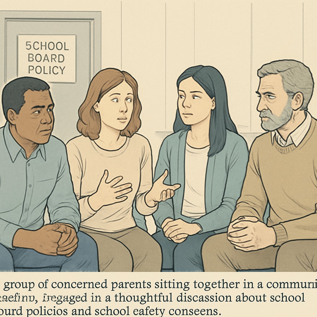 A concerned group of parents discussing school board policies in a community meeting. This image highlights the importance of community engagement in addressing school safety concerns. Parents discussing school board policies and child safety concerns in a community meeting.