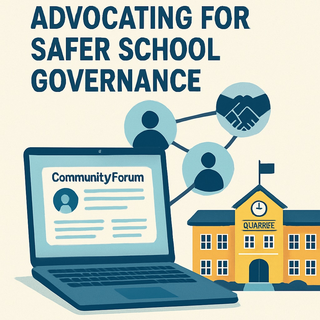 A social media post advocating for safer school governance practices. The image illustrates the role of digital platforms in community advocacy efforts. Social media post highlighting community concerns about school board safety.