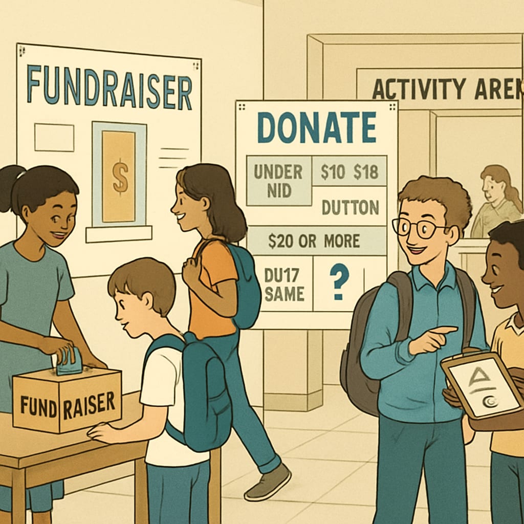 A group of students at a school fundraising event, with visible disparities in participation based on donation levels. Students participating in a fundraising event, highlighting economic differences.