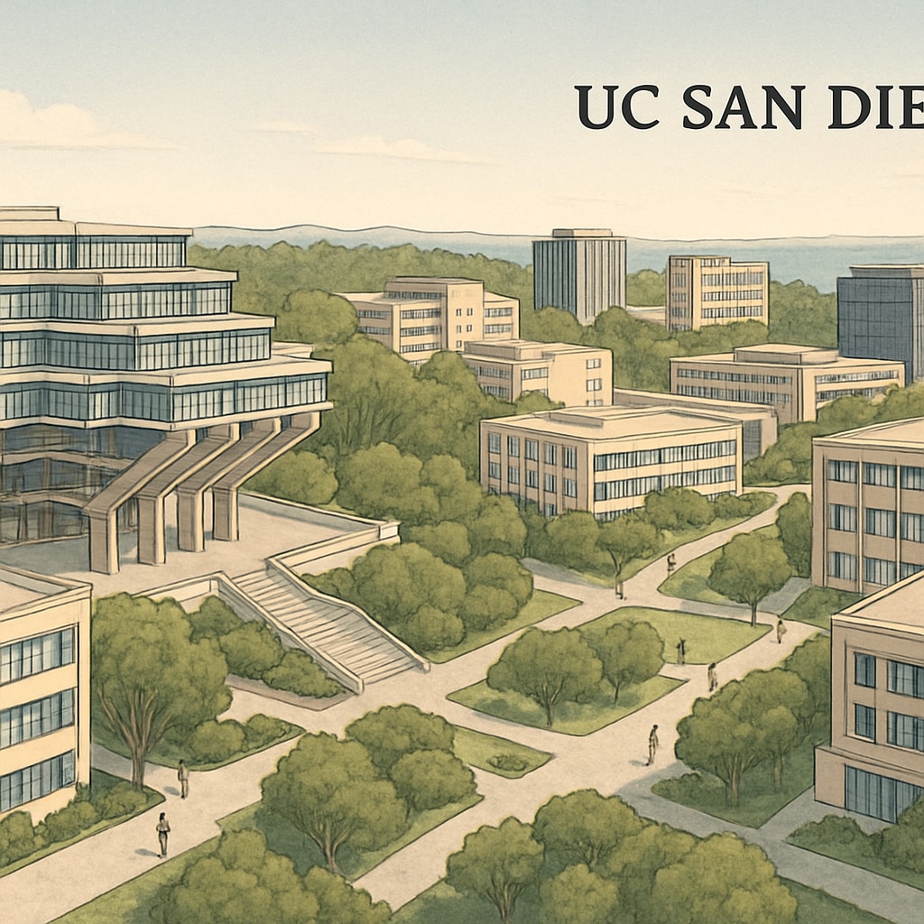 A panoramic view of UC San Diego's campus, highlighting its modern architecture and academic facilities. UC San Diego campus with modern academic buildings, related to higher education expansion.