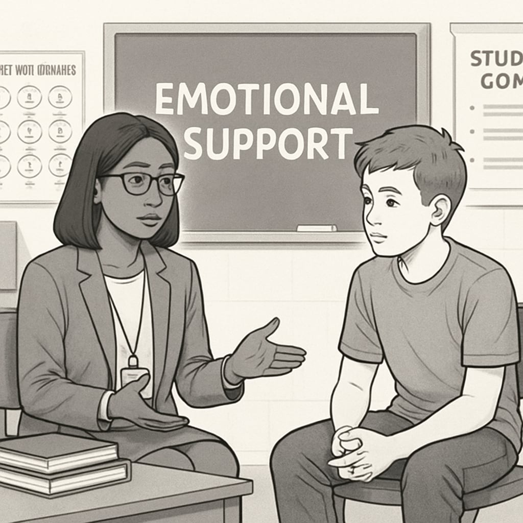 A school counselor discussing emotional support strategies with a student in a K12 classroom setting. School counselor providing emotional support to a K12 student.