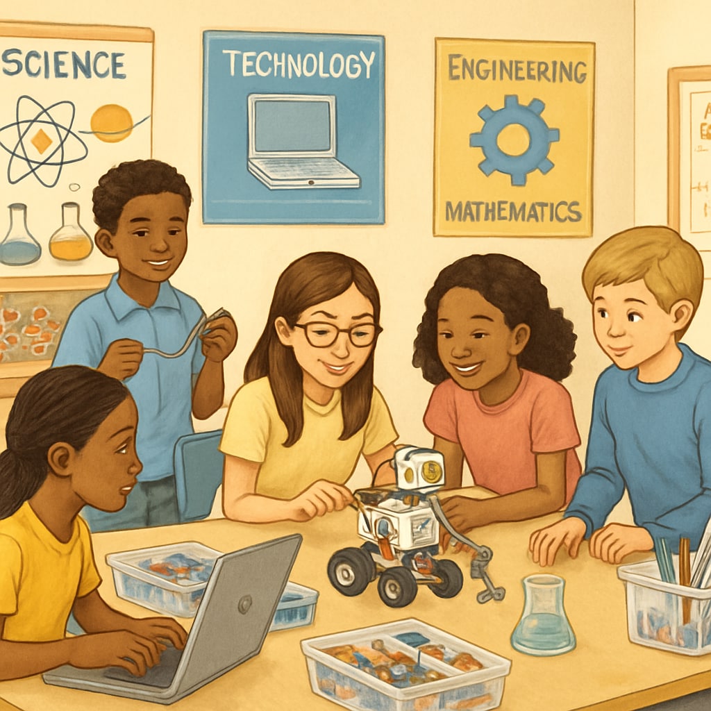 A classroom with diverse K-12 students engaging in a STEM activity, reflecting the focus on future-ready education. K-12 students in a classroom working on STEM projects, linked to preparing for higher education.