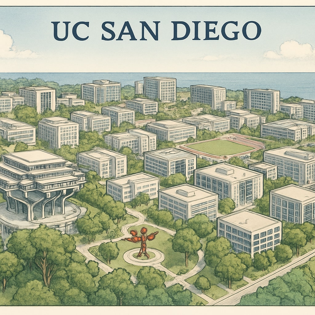 A panoramic view of UC San Diego's campus, showcasing its vibrant academic environment and innovative architectural designs. UC San Diego campus view highlighting educational facilities and expansion potential