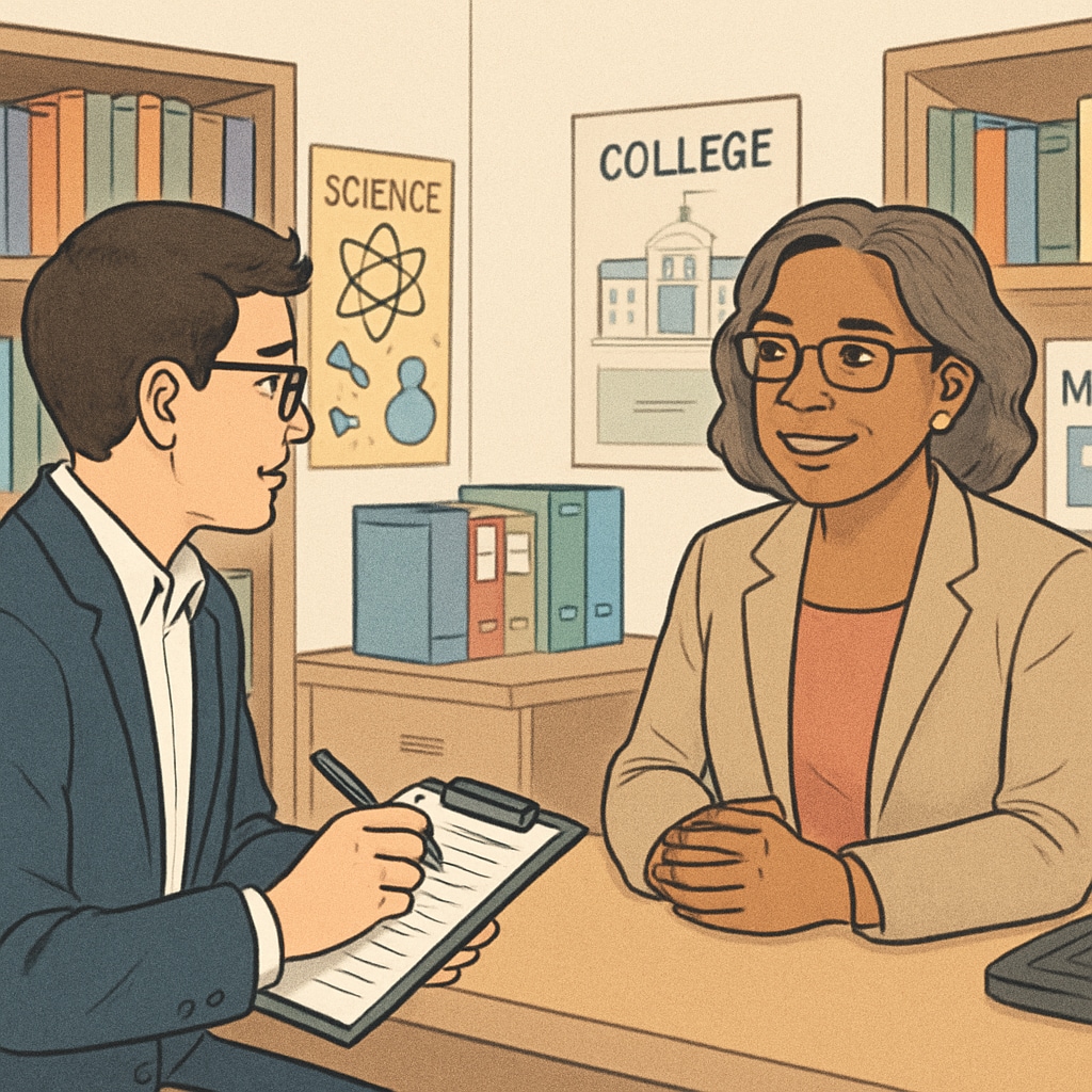 A graduate student conducting a formal interview with a school counselor, seated in an office surrounded by educational materials. Graduate student interviewing a school counselor in an academic setting.