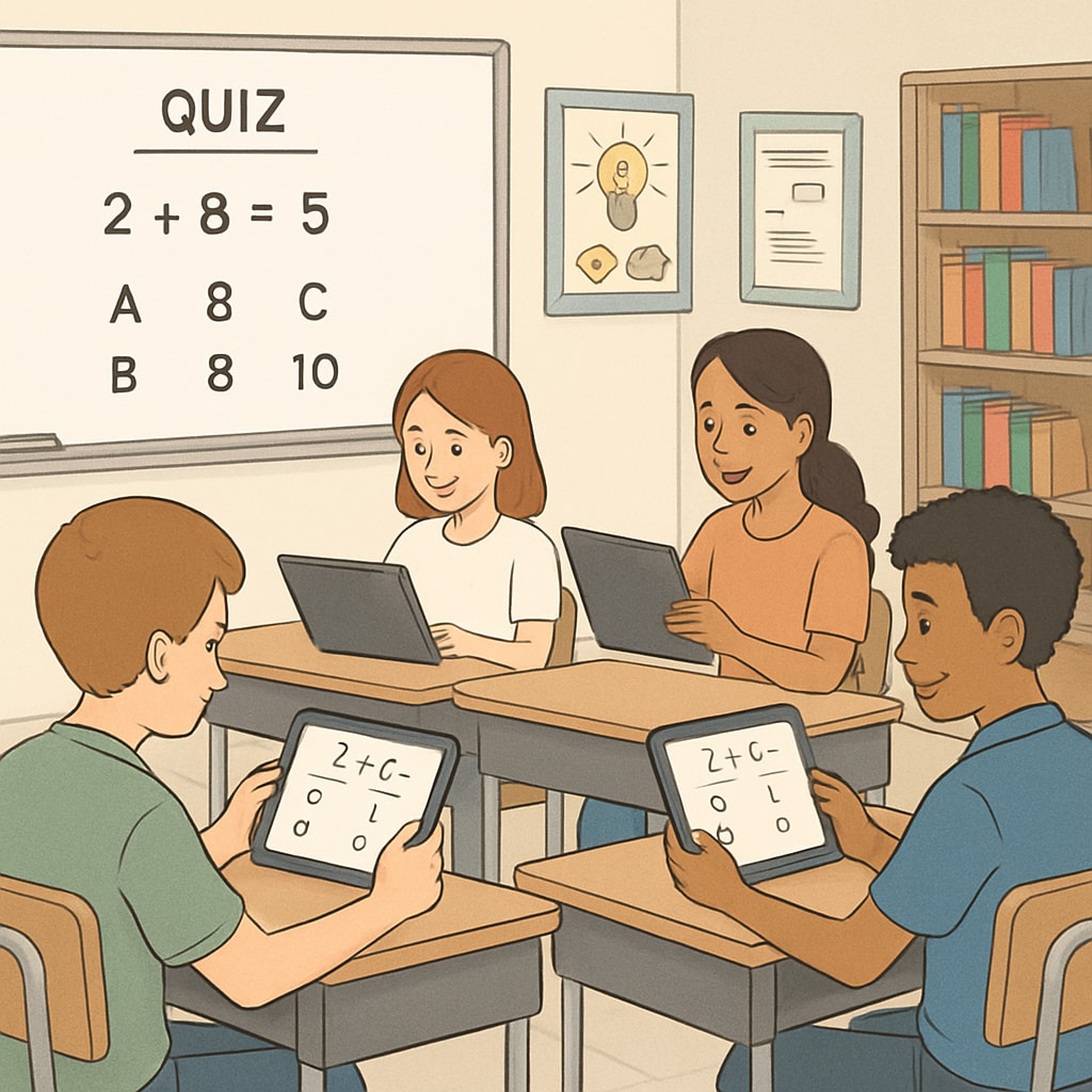 An educational setting where K12 students are using tablets or computers for interactive quizzes. K12 students taking interactive quizzes on digital devices.