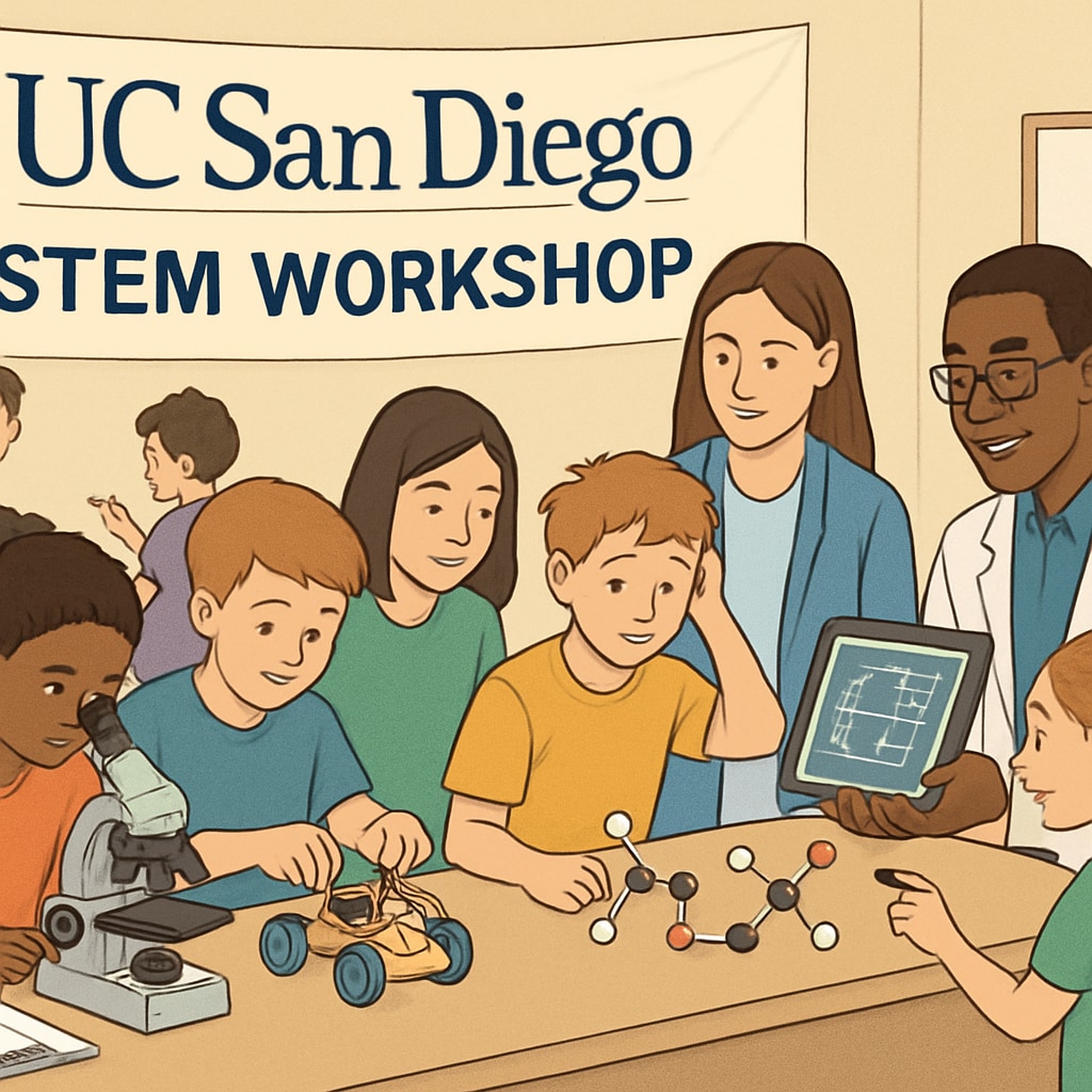 A group of K-12 students engaging in a STEM workshop sponsored by UC San Diego, illustrating the university's outreach efforts. K-12 students participating in a STEM workshop supported by UC San Diego