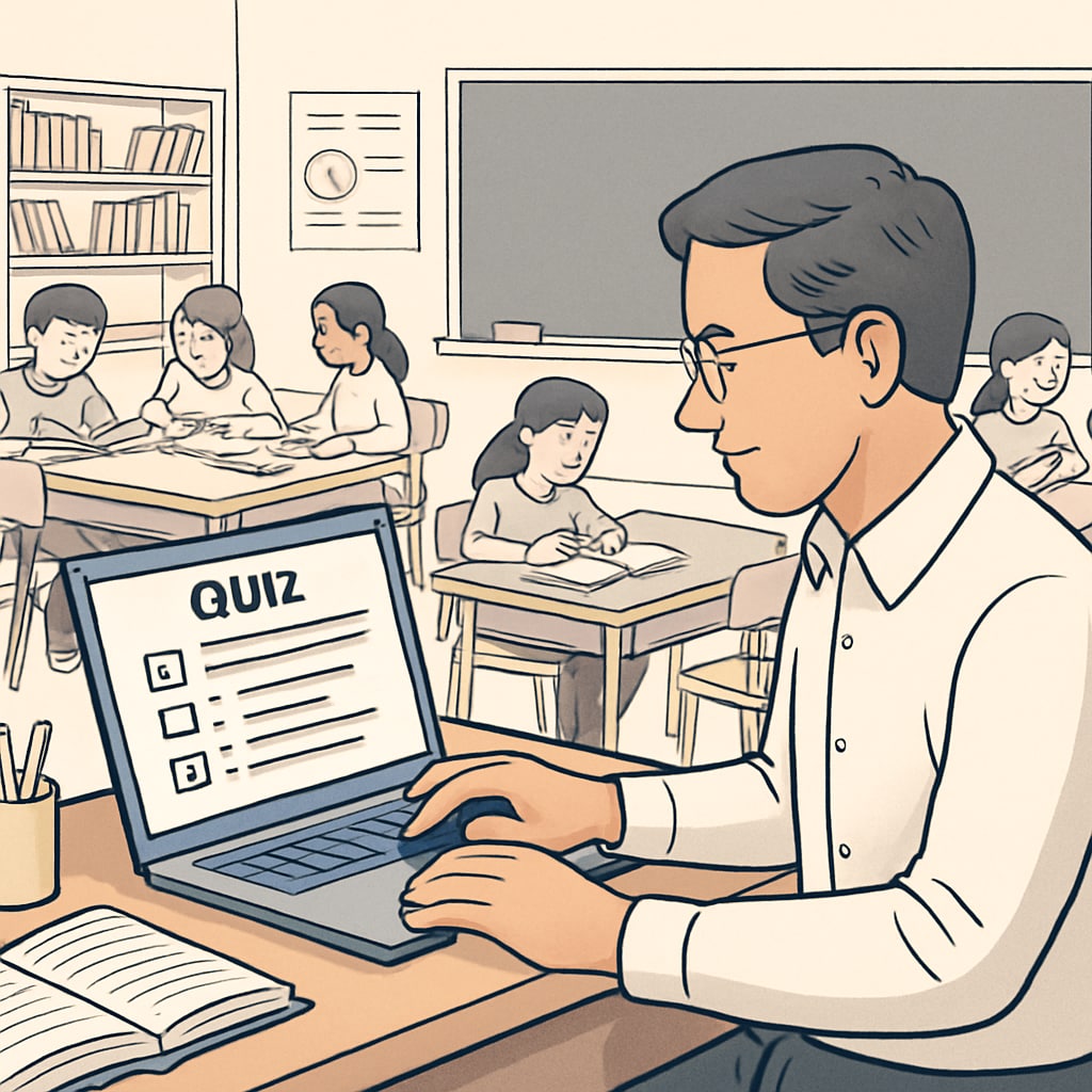 A teacher creating a digital quiz on a laptop while students engage in classroom activities. Teacher designing digital quizzes for K12 students.