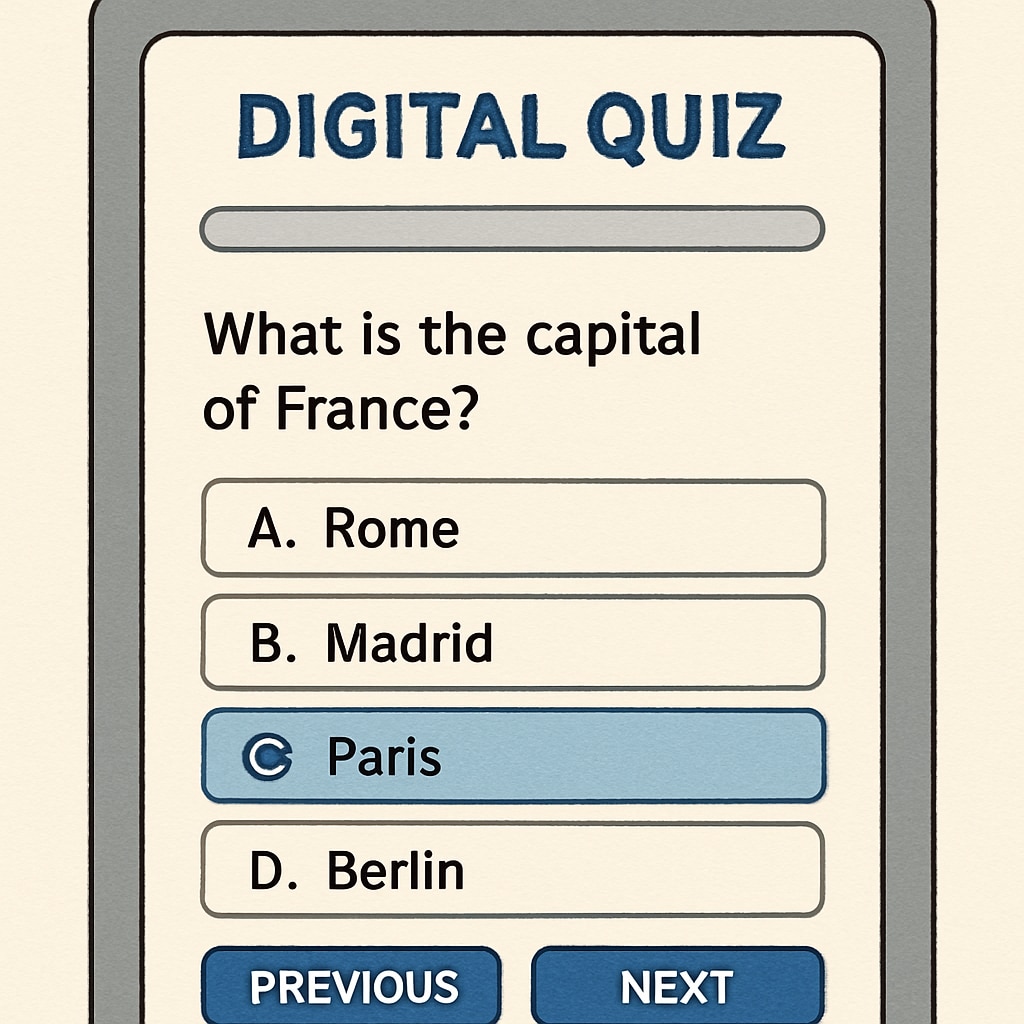 A visually engaging platform showing a digital quiz interface with interactive options. quiz resources for students in a visually engaging digital interface